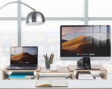 Load image into Gallery viewer, AEMS01L Dual Monitor Stand Riser- 3 Shelf Screen Stand with Adjustable Length and Angle